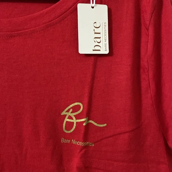 Red short sleeve nightgown with Bare Necessities gold logo on chest and sleeve - Picture 5 of 10
